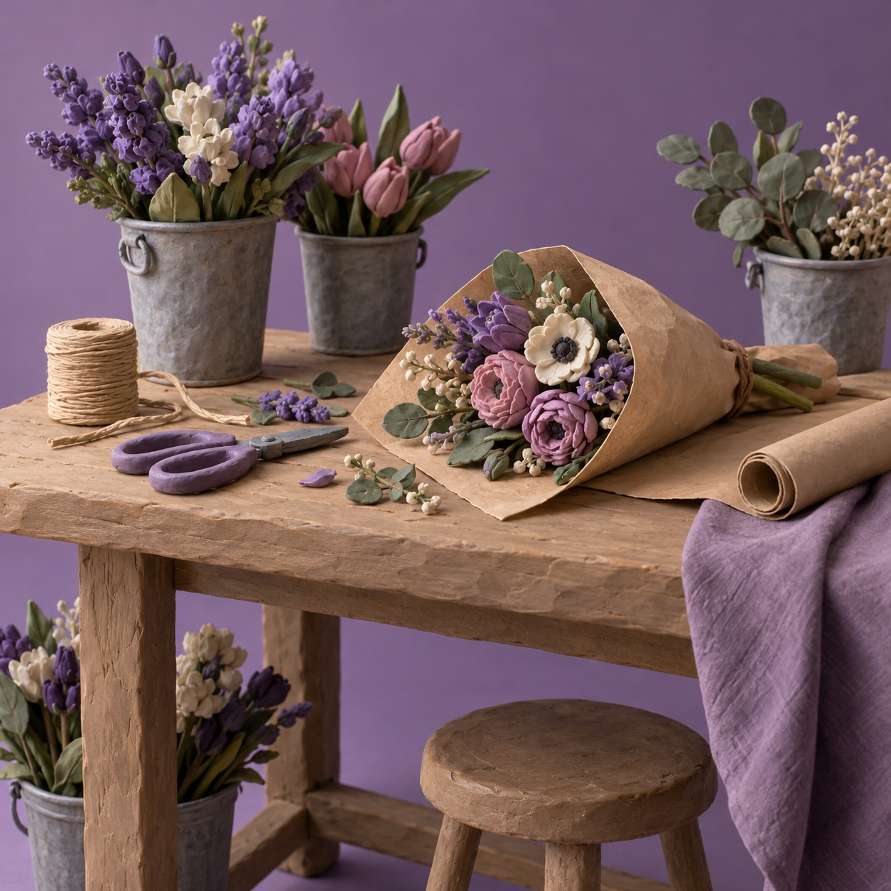 Illustration of neighborhood flower studio: a florist worktable, paper flower wraps, buckets of stems