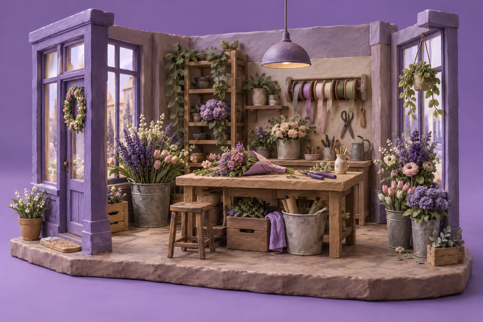 Illustration of neighborhood flower studio: buckets of stems, ribbon reels, pruning shears