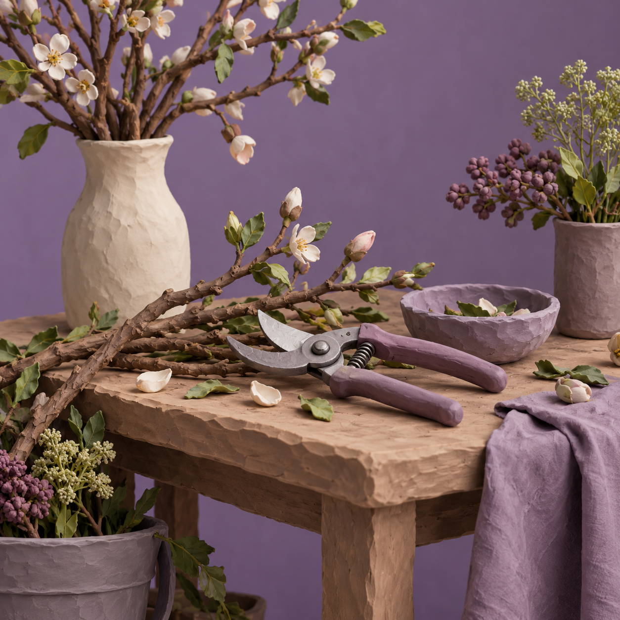 Illustration of neighborhood flower studio: pruning shears, seasonal branches, a florist worktable